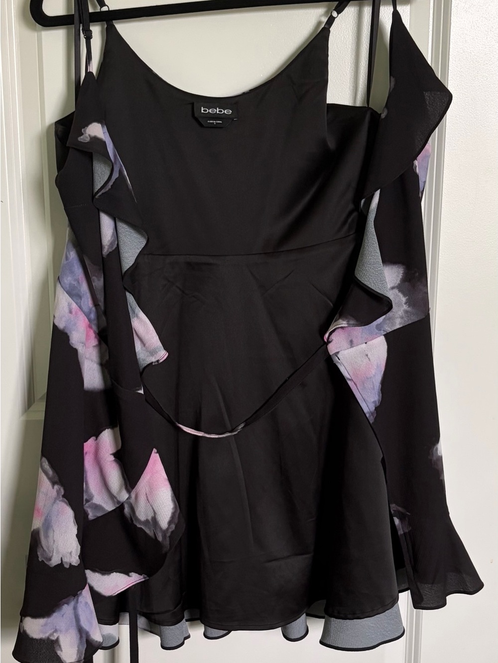 bebe Black Floral Ruffle Wrap Dress with Pink & Lavender Accents - Picture 4 of 5